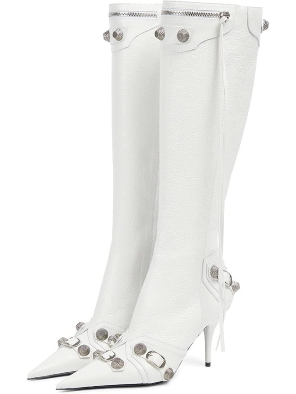 Women's White Stiletto Knee High Boots Pointed Toe Boot High Heel Boots Zipper